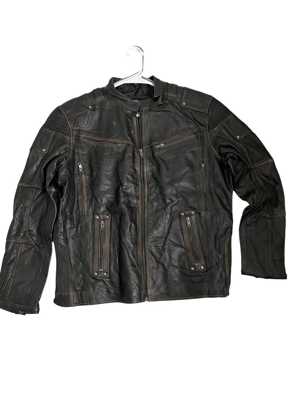 FZ Merchandise Leather Motorcycle Jacket Mens XL Brown Black Zip Pockets Biker